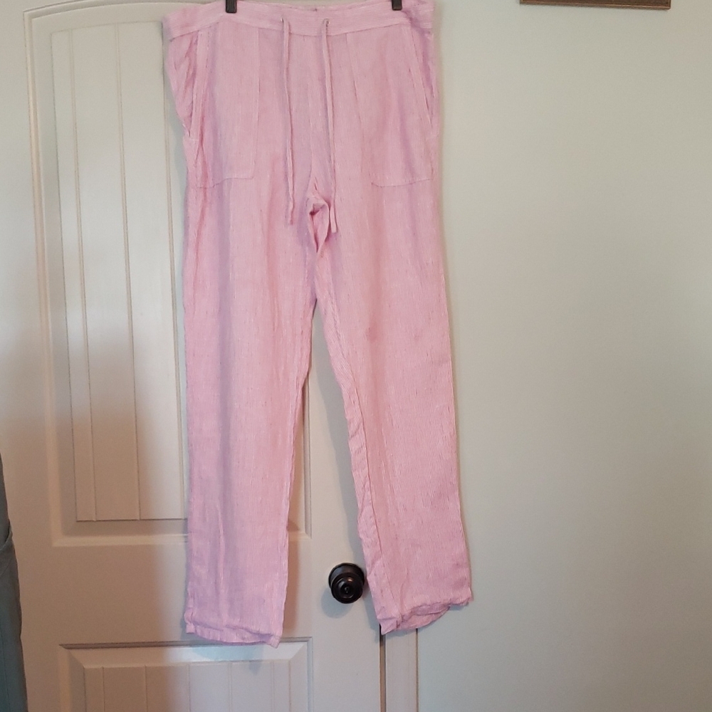George&Martha Pink White Stripe Preppy 100% Linen Drawstring Waist Pants XL